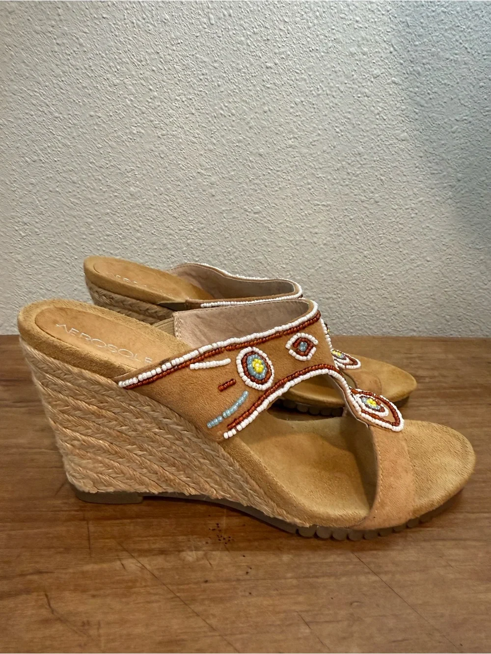 Aerosoles Beaded Espadrille Wedge Sandals Tan Suede Boho Size 7M